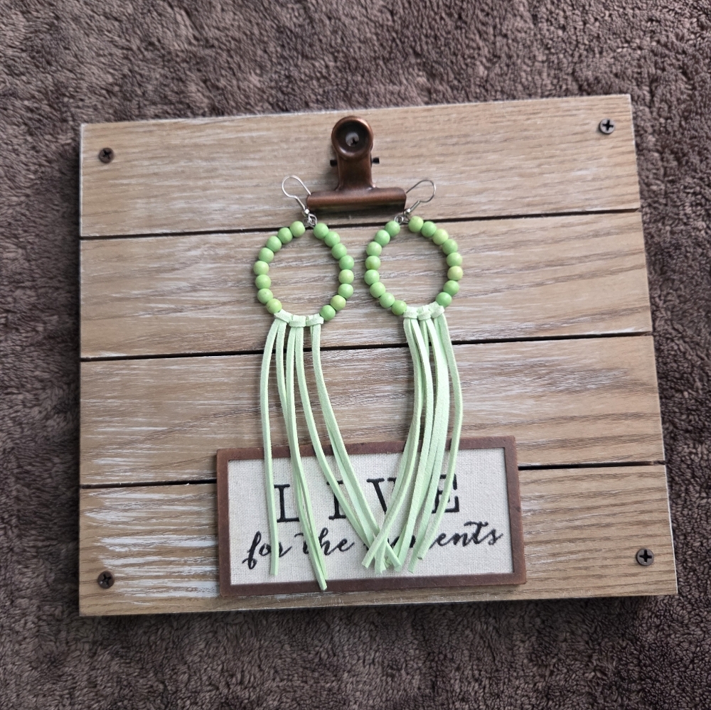 Green Beaded Fringe Earrings Western Boho Cowgirl Rodeo Festival Coachella